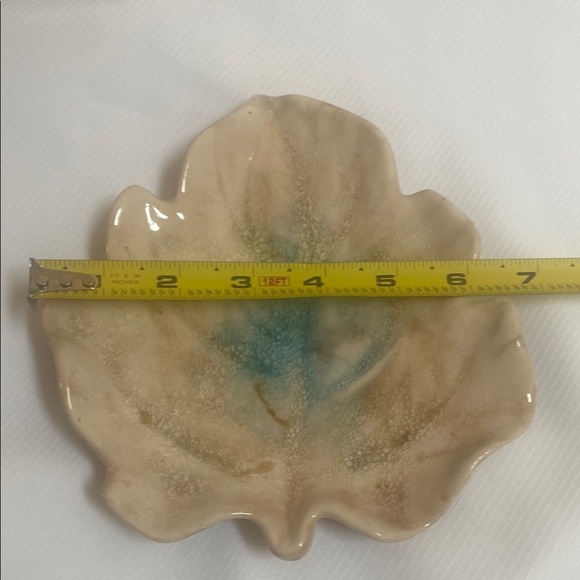 Vietnam Handmade Ceramic Geode Pottery Trinket Dish Crackled Leaf Taupe Aqua Grn - Picture 4 of 5